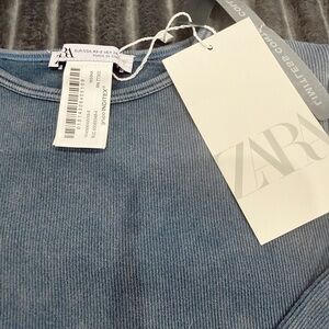 Zara Denim Blue Ribbed Knit Top